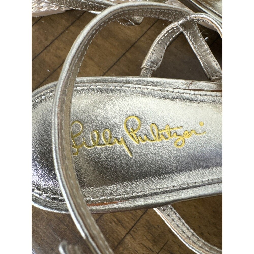 Lilly Pulitzer Gold Metallic Leather T Strap Wedge Sandals Women’s 8 Resort - Picture 3 of 13